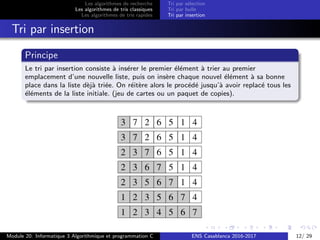 Les algorithmes de recherche
Les algorithmes de tris classiques
Les algorithmes de tris rapides
Tri par s´election
Tri par bulle
Tri par insertion
Tri par insertion
Principe
Le tri par insertion consiste `a ins´erer le premier ´el´ement `a trier au premier
emplacement d’une nouvelle liste, puis on ins`ere chaque nouvel ´el´ement `a sa bonne
place dans la liste d`ej`a tri´ee. On r´eit`ere alors le proc´ed´e jusqu’`a avoir replac´e tous les
´el´ements de la liste initiale. (jeu de cartes ou un paquet de copies).
Module 20: Informatique 3 Algorithmique et programmation C ENS Casablanca 2016-2017 12/ 29
 