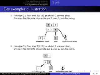 Les algorithmes de recherche
Les algorithmes de tris classiques
Les algorithmes de tris rapides
Tri rapide
Tri fusion
Des exemples d’illustration
2. It´eration 2 : Pour trier T[0 :3], on choisit 3 comme pivot.
On place les ´el´ements plus petits que 3, puis 3, puis les autres.
3. It´eration 3 : Pour trier T[0 :2], on choisit 2 comme pivot..
On place les ´el´ements plus petits que 2, puis 2, puis les autres.
Module 20: Informatique 3 Algorithmique et programmation C ENS Casablanca 2016-2017 16/ 29
 