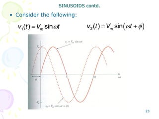 23
• Consider the following:
SINUSOIDS contd.
1( ) sin
m
v t V t

  
2( ) sin
m
v t V t
 
 
 