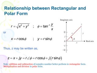 Relationship between Rectangular and
Polar Form
2 2 1
; tan
y
r x y
x
 
  
cos ; sin
x r y r
 
 
 
  
     
cos sin
z x jy r r j r
or
Thus, z may be written as,
Note: addition and subtraction of complex number better perform in rectangular form.
Multiplication and division in polar form.
 