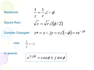 Reciprocal :
Square Root :
Complex Conjugate :
note:
In general,




r
z
1
1
 
2
/


 r
z
  
 j
re
r
jy
x
z 







j
j


1


 sin
j
cos
e j



 