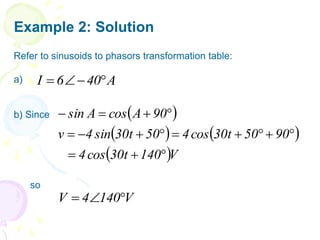 Example 2: Solution
Refer to sinusoids to phasors transformation table:
a)
b) Since
so
A
40
6
I 



 
   
 V
140
t
30
cos
4
90
50
t
30
cos
4
50
t
30
sin
4
v
90
A
cos
A
sin
















V
140
4
V 


 