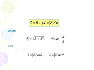  where
 and




 Z
jX
R
Z
R
X
tan
,
X
R
Z 1
2
2 


 

 sin
Z
X
,
cos
Z
R 

 