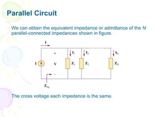 Parallel Circuit
 We can obtain the equivalent impedance or admittance of the N
parallel-connected impedances shown in figure.
 The cross voltage each impedance is the same.
 