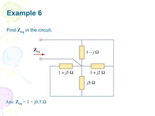 Example 6
Find Zeq in the circuit.
Ans: Zeq = 1 + j0.5 Ω
 