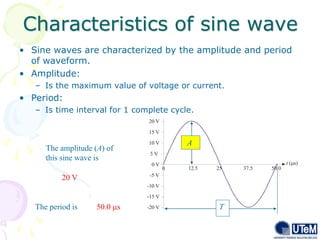 Characteristics of sine wave
9
• Sine waves are characterized by the amplitude and period
of waveform.
• Amplitude:
– Is the maximum value of voltage or current.
• Period:
– Is time interval for 1 complete cycle.
0 V
10 V
-10 V
15 V
-15 V
-20 V
t ( s)

0 25 37.5 50.0
20 V
The amplitude (A) of
this sine wave is
20 V
The period is 50.0 s
A
T
 