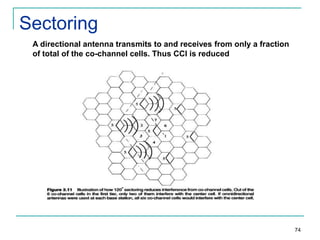 Sectoring
A directional antenna transmits to and receives from only a fraction
of total of the co-channel cells. Thus CCI is reduced

74

 