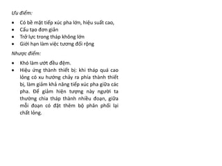 Ưu điểm:
• Có bề mặt tiếp xúc pha lớn, hiệu suất cao,
• Cấu tạo đơn giản
• Trở lực trong tháp không lớn
• Giới hạn làm việc tương đối rộng
Nhược điểm:
• Khó làm ướt đều đệm.
• Hiệu ứng thành thiết bị: khi tháp quá cao
lỏng có xu hướng chảy ra phía thành thiết
bị, làm giảm khả năng tiếp xúc pha giữa các
pha. Để giảm hiện tượng này người ta
thường chia tháp thành nhiều đoạn, giữa
mỗi đoạn có đặt thêm bộ phân phối lại
chất lỏng.
 