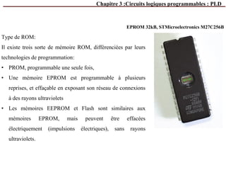 Chapitre 3 :Circuits logiques programmables : PLD
Type de ROM:
Il existe trois sorte de mémoire ROM, différenciées par leurs
technologies de programmation:
• PROM, programmable une seule fois,
• Une mémoire EPROM est programmable à plusieurs
reprises, et effaçable en exposant son réseau de connexions
à des rayons ultraviolets
• Les mémoires EEPROM et Flash sont similaires aux
mémoires EPROM, mais peuvent être effacées
électriquement (impulsions électriques), sans rayons
ultraviolets.
EPROM 32kB, STMicroelectronics M27C256B
 