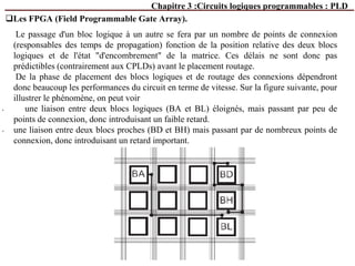 Chapitre 3 :Circuits logiques programmables : PLD
Les FPGA (Field Programmable Gate Array).
Le passage d'un bloc logique à un autre se fera par un nombre de points de connexion
(responsables des temps de propagation) fonction de la position relative des deux blocs
logiques et de l'état "d'encombrement" de la matrice. Ces délais ne sont donc pas
prédictibles (contrairement aux CPLDs) avant le placement routage.
De la phase de placement des blocs logiques et de routage des connexions dépendront
donc beaucoup les performances du circuit en terme de vitesse. Sur la figure suivante, pour
illustrer le phénomène, on peut voir
• une liaison entre deux blocs logiques (BA et BL) éloignés, mais passant par peu de
points de connexion, donc introduisant un faible retard.
• une liaison entre deux blocs proches (BD et BH) mais passant par de nombreux points de
connexion, donc introduisant un retard important.
 