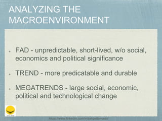 FAD - unpredictable, short-lived, w/o social,
economics and political significance
TREND - more predicatable and durable
MEGATRENDS - large social, economic,
political and technological change
https://www.linkedin.com/in/jiahpellamado/
 