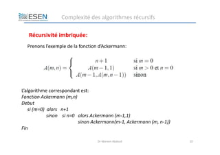 Dr Mariem Abdouli 10
Récursivité imbriquée:
Prenons l’exemple de la fonction d’Ackermann:
L’algorithme correspondant est:
...