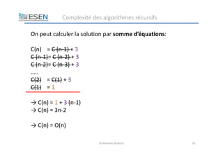 Dr Mariem Abdouli 16
On peut calculer la solution par somme d’équations:
C(n) = C (n-1) + 3
C (n-1)= C (n-2) + 3
C (n-2)= ...