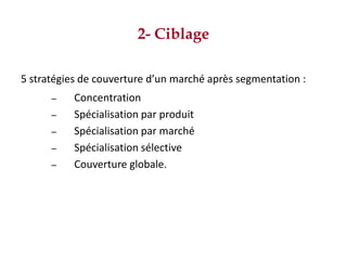 2- Ciblage
5 stratégies de couverture d’un marché après segmentation :
– Concentration
– Spécialisation par produit
– Spécialisation par marché
– Spécialisation sélective
– Couverture globale.
 