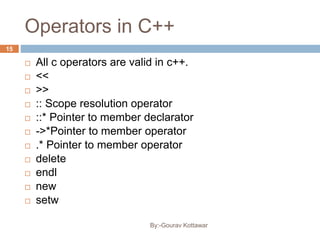 Operators in C++
 All c operators are valid in c++.
 <<
 >>
 :: Scope resolution operator
 ::* Pointer to member declarator
 ->*Pointer to member operator
 .* Pointer to member operator
 delete
 endl
 new
 setw
15
By:-Gourav Kottawar
 