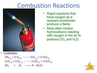 Stoichiometry
Combustion Reactions
• Examples:
CH4 (g) + 2 O2 (g)  CO2 (g) + 2 H2O (g)
C3H8 (g) + 5 O2 (g)  3 CO2 (g) + 4 H2O (g)
2H2 + O2 ------- 2H2O
• Rapid reactions that
have oxygen as a
reactant sometimes
produce a flame
• Most often involve
hydrocarbons reacting
with oxygen in the air to
produce CO2 and H2O.
 
