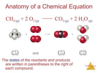 Stoichiometry
Anatomy of a Chemical Equation
The states of the reactants and products
are written in parentheses to the right of
each compound.
CH4 (g) + 2 O2 (g) CO2 (g) + 2 H2O(g)
 