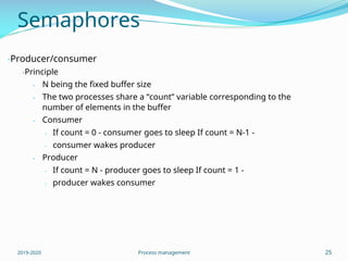 Semaphores
-Producer/consumer
-Principle
-
-
N being the fixed buffer size
The two processes share a “count” variable corresponding to the
number of elements in the buffer
- Consumer
-
-
If count = 0 - consumer goes to sleep If count = N-1 -
consumer wakes producer
- Producer
-
-
If count = N - producer goes to sleep If count = 1 -
producer wakes consumer
2019-2020 Process management 25
 