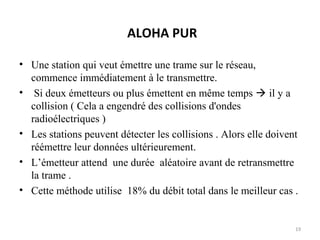 ALOHA PUR
• Une station qui veut émettre une trame sur le réseau,
commence immédiatement à le transmettre.
• Si deux émetteurs ou plus émettent en même temps  il y a
collision ( Cela a engendré des collisions d'ondes
radioélectriques )
• Les stations peuvent détecter les collisions . Alors elle doivent
réémettre leur données ultérieurement.
• L’émetteur attend une durée aléatoire avant de retransmettre
la trame .
• Cette méthode utilise 18% du débit total dans le meilleur cas .

19

 