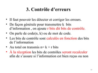 3. Contrôle d’erreurs
• Il faut pouvoir les détecter et corriger les erreurs.
• De façon générale pour transmettre k bits
d’information , on ajoute r bits dit bits de contrôle.
• On parle de code(n, k) ou de mot de code.
• Les bits de contrôle sont calculés en fonction des bits
de l’information
• Au total on transmis n= k + r bits
• À la réception les bits de contrôles seront recalculer
afin de s’assure si l’information est bien reçus ou non

30

 