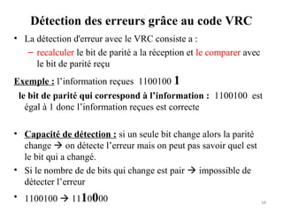 Détection des erreurs grâce au code VRC
• La détection d'erreur avec le VRC consiste a :
– recalculer le bit de parité a la réception et le comparer avec
le bit de parité reçu
Exemple : l’information reçues 1100100 1
le bit de parité qui correspond à l’information : 1100100 est
égal à 1 donc l’information reçues est correcte
• Capacité de détection : si un seule bit change alors la parité
change  on détecte l’erreur mais on peut pas savoir quel est
le bit qui a changé.
• Si le nombre de de bits qui change est pair  impossible de
détecter l’erreur
• 1100100  1110000

34

 