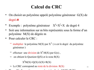 Calcul du CRC
• On choisit un polynôme appelé polynôme générateur G(X) de
degré n
• Exemple : polynôme générateur X4+X2+X de degré 4
• Soit une information sur m bits représentée sous la forme d’un
polynôme M(X) de dégrée m
• Pour calculer le CRC :
– multiplier le polynôme M(X) par X n ( n est le degré du polynôme
générateur )
– effectuer une division de Xn.M(X) par G(x) ,
– on obtient le Quotient Q(X) et le reste R(X)
XnM(X)=Q(X).G(X)+R(X)
– Le CRC correspond au reste de la division R(X)

38

 