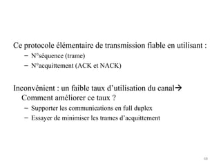 Ce protocole élémentaire de transmission fiable en utilisant :
– N°séquence (trame)
– N°acquittement (ACK et NACK)

Inconvénient : un faible taux d’utilisation du canal
Comment améliorer ce taux ?
– Supporter les communications en full duplex
– Essayer de minimiser les trames d’acquittement

68

 