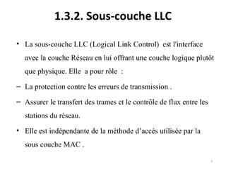 1.3.2. Sous-couche LLC
• La sous-couche LLC (Logical Link Control) est l'interface
avec la couche Réseau en lui offrant une couche logique plutôt
que physique. Elle a pour rôle :
– La protection contre les erreurs de transmission .
– Assurer le transfert des trames et le contrôle de flux entre les
stations du réseau.
• Elle est indépendante de la méthode d’accès utilisée par la
sous couche MAC .
7

 