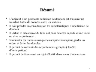 Résumé
• L’objectif d’un protocole de liaison de données est d’assurer un
transfert fiable de données entre les stations.
• Il doit prendre en considération les caractéristiques d’une liaison de
données .
• Il utilise le mécanisme du time out pour détecter la perte d’une trame
ou d’un acquittement .
• Numéroter les trames ainsi que les acquittements pour garder un
ordre et éviter les doubles.
• Il permet de recevoir des acquittements groupés ( fenêtre
d’anticipation )
• Il permet de faire aussi un rejet sélectif dans le cas d’une erreurs

76

 