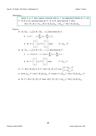 Semestre : S3, Module : M10, Matière : Mathématiques II Chapitre 3 : Matrice 
Soient E et F deux espaces vectoriels réels et f une application linéaire de E vers 
F . Si B1 et B'1 sont deux bases de E , 2 B et 2 B' deux bases de F alors : 
M ( f / B ' , B ' ) = P . M ( f / B , B ). P = ( P ) - 1 
. M ( f / B , B ). P 
1 2 B ' B 1 2 B B ' B B ' B B 2 2 1 1 2 2 1 2 1 '1 
¨ { } p B u , ,u 1 = 1 L et { } p B' u' , ,u' 1 = 1 L deux bases de E : 
p 
p 
· xÎ E : = Σ = 
Σ 
' ' , 
j j x x u x u 
= = 
1 1 
 
   
1 
M alors . ' 
 
x 
' 
' 
p x 
¨ { } n B v , , v 2 = 1 L et { } n B' v' , ,v' 2 = 1 L deux bases de F . 
n 
n 
· y = f (x)ÎF : = = Σ = 
Σ 
( ) ' ' , 
i i y f x y v y v 
 
1 
M alors . ' 
   
 
¨ Y M( f / B ,B ).X 1 2 = et ' ( / ' , ' ). ' 1 2 Y = M f B B X avec 
¨ D’où . ' ( / , ). . ' 
= - 
2 '2 1 2 1 '1 P Y M f B B P X B B B B = et alors ' ( ) . ( / , ). . ' 
2 2 1 2 1 '1 
1 2 ' ( / ' , ' ) ( ) . ( / , ). B B B B M f B B = P - M f B B P 
25 
Théorème : 
Preuve : 
j 
j j 
j 
· Si 
 
   
 
 
= 
   
1 
X M 
 
x 
p x 
et 
 
= 
   
 
X 
' 
1 '1 X P X B B = 
= = 
1 i 
1 
i i 
i 
· Si 
 
   
 
 
= 
   
1 
Y M 
 
y 
n y 
et 
 
= 
   
 
y 
' 
' 
n y 
Y 
' 
2 '2 Y P Y B B = 
   
= 
X P X 
= 
. ' 
. ' 
' 
B B 
1 1 
Y P Y 
' 
B B 
2 2 
1 
' Y P M f B B P X B B B B 
¨ Or ' ( / ' , ' ). ' 1 2 Y = M f B B X donc 
1 
2 2 1 2 1 '1 
Professeure Salma DASSER Session Automne-hiver 2007 
