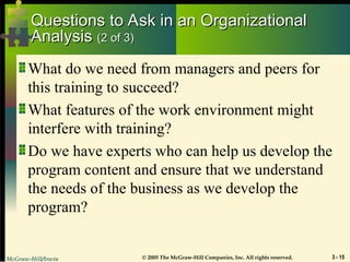McGraw-Hill/Irwin © 2005 The McGraw-Hill Companies, Inc. All rights reserved. 3 - 15
Questions to Ask in an Organizational
Questions to Ask in an Organizational
Analysis
Analysis (2 of 3)
(2 of 3)
What do we need from managers and peers for
this training to succeed?
What features of the work environment might
interfere with training?
Do we have experts who can help us develop the
program content and ensure that we understand
the needs of the business as we develop the
program?
 