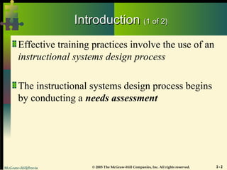 McGraw-Hill/Irwin © 2005 The McGraw-Hill Companies, Inc. All rights reserved. 3 - 2
Introduction
Introduction (1 of 2)
(1 of 2)
Effective training practices involve the use of an
instructional systems design process
The instructional systems design process begins
by conducting a needs assessment
 