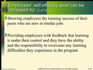McGraw-Hill/Irwin © 2005 The McGraw-Hill Companies, Inc. All rights reserved. 3 - 23
Employees’ self-efficacy level can be
Employees’ self-efficacy level can be
increased by:
increased by: (2 of 2)
(2 of 2)
Showing employees the training success of their
peers who are now in similar jobs
Providing employees with feedback that learning
is under their control and they have the ability
and the responsibility to overcome any learning
difficulties they experience in the program
 