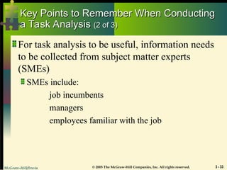 McGraw-Hill/Irwin © 2005 The McGraw-Hill Companies, Inc. All rights reserved. 3 - 33
Key Points to Remember When Conducting
Key Points to Remember When Conducting
a Task Analysis
a Task Analysis (2 of 3)
(2 of 3)
For task analysis to be useful, information needs
to be collected from subject matter experts
(SMEs)
SMEs include:
job incumbents
managers
employees familiar with the job
 