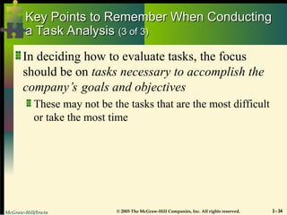 McGraw-Hill/Irwin © 2005 The McGraw-Hill Companies, Inc. All rights reserved. 3 - 34
Key Points to Remember When Conducting
Key Points to Remember When Conducting
a Task Analysis
a Task Analysis (3 of 3)
(3 of 3)
In deciding how to evaluate tasks, the focus
should be on tasks necessary to accomplish the
company’s goals and objectives
These may not be the tasks that are the most difficult
or take the most time
 