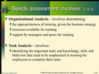 McGraw-Hill/Irwin © 2005 The McGraw-Hill Companies, Inc. All rights reserved. 3 - 6
Needs assessment involves:
Needs assessment involves: (1 of 2)
(1 of 2)
Organizational Analysis – involves determining:
the appropriateness of training, given the business strategy
resources available for training
support by managers and peers for training
Task Analysis – involves:
identifying the important tasks and knowledge, skill, and
behaviors that need to be emphasized in training for
employees to complete their tasks
 