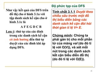 Độ phức tạp của DFS
Như vậy kết quả của DFS trên   Tính chất 3.1.1 Duyệt theo
  đồ thị cho ở hình 3.1a với   chiều sâu trước một đồ
  tập danh sách kế cận cho ở   thị biểu diễn bằng các
  hình 3.1c là                 danh sách kế cận đòi hỏi
          AFEGDCB              thời gian tỉ lệ V+ E.
Lưu ý: thứ tự của các đỉnh
  trong các danh sách kế cận   Chứng minh: Chúng ta
  có ảnh hưởng đến thứ tự      phải gán trị cho mỗi phần
  duyệt của các đỉnh khi áp    tử của mảng val (do đó tỉ
  dụng DFS.                    lệ với O(V)), và xét mỗi
                               nút trong các danh sách
                               kết cận biểu diễn đồ thị
                               (do đó tỉ lệ với O(E)).


                                                       25
 