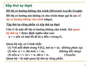 Xếp thứ tự tôpô
Đồ thị có hướng không chu trình (Directed Acyclic Graph)
Đồ thị có hướng mà không có chu trình được gọi là các đồ
thị có hướng không chu trình (dags).
Tập thứ tự riêng phần và xếp thứ tự tôpô
Cho G là một đồ thị có hướng không chu trình. Xét quan
hệ thứ tự < được định nghĩa như sau:
 u < v nếu có một lối đi từ u đến v trong G.

Quan hệ này có 3 tính chất:
 (1) Với mỗi đỉnh trong V[G], not (u < u). (không phản xạ)
 (2) nếu u < v, thì not( v < u) .        (không đối xứng)
 (3) nếu u < v và v < w, thì u < w.          (Truyền)
Quan hệ < là một quan hệ thứ tự riêng phần.

                                                             34
 