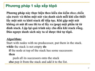 Phương pháp 1 sắp xếp tôpô
Phương pháp này thực hiện theo kiểu tìm kiếm theo chiều
sâu trước và thêm một nút vào danh sách mỗi khi cần thiết
lấy một nút ra khỏi stack để tiếp tục. Khi gặp một nút
không có nút đi sau thì ta sẽ lấy ra (pop) một phần tử từ
đỉnh stack. Lặp lại quá trình này cho đến khi stack rỗng.
Đảo ngược danh sách này ta sẽ được thứ tự tôpô.

Algorithm:
Start with nodes with no predecessor, put them in the stack.
while the stack is not empty do
  if the node at top of the stack has some successors
  then
      push all its successors onto the stack
  else pop it from the stack and add it to the list.
                                                               37
 