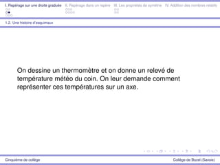 I. Repérage sur une droite graduée II. Repérage dans un repère III. Les propriétés de symétrie IV. Addition des nombres relatifs
1.2. Une histoire d’esquimaux
On dessine un thermomètre et on donne un relevé de
température météo du coin. On leur demande comment
représenter ces températures sur un axe.
Cinquième de collège Collège de Bozel (Savoie)
 