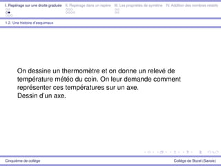 I. Repérage sur une droite graduée II. Repérage dans un repère III. Les propriétés de symétrie IV. Addition des nombres relatifs
1.2. Une histoire d’esquimaux
On dessine un thermomètre et on donne un relevé de
température météo du coin. On leur demande comment
représenter ces températures sur un axe.
Dessin d’un axe.
Cinquième de collège Collège de Bozel (Savoie)
 
