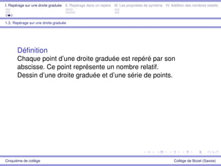 I. Repérage sur une droite graduée II. Repérage dans un repère III. Les propriétés de symétrie IV. Addition des nombres relatifs
1.3. Repérage sur une droite graduée
Déﬁnition
Chaque point d’une droite graduée est repéré par son
abscisse. Ce point représente un nombre relatif.
Dessin d’une droite graduée et d’une série de points.
Cinquième de collège Collège de Bozel (Savoie)
 