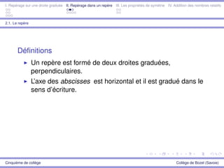 I. Repérage sur une droite graduée II. Repérage dans un repère III. Les propriétés de symétrie IV. Addition des nombres relatifs
2.1. Le repère
Déﬁnitions
Un repère est formé de deux droites graduées,
perpendiculaires.
L’axe des abscisses est horizontal et il est gradué dans le
sens d’écriture.
Cinquième de collège Collège de Bozel (Savoie)
 