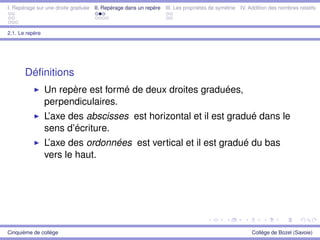 I. Repérage sur une droite graduée II. Repérage dans un repère III. Les propriétés de symétrie IV. Addition des nombres relatifs
2.1. Le repère
Déﬁnitions
Un repère est formé de deux droites graduées,
perpendiculaires.
L’axe des abscisses est horizontal et il est gradué dans le
sens d’écriture.
L’axe des ordonnées est vertical et il est gradué du bas
vers le haut.
Cinquième de collège Collège de Bozel (Savoie)
 