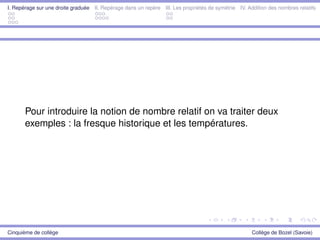 I. Repérage sur une droite graduée II. Repérage dans un repère III. Les propriétés de symétrie IV. Addition des nombres relatifs
Pour introduire la notion de nombre relatif on va traiter deux
exemples : la fresque historique et les températures.
Cinquième de collège Collège de Bozel (Savoie)
 