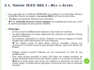  Les opposants à la méthode CSMA/CD ont conduits à la recherche d'autres
méthodes d'accès au support. La norme 802.4 est l'une d'entre elles.
 Un bus sur lequel les stations sont connectés.
 Une méthode d'accès à jeton logique est implémentée pour que seule
la station possédant le jeton puisse émettre.
 Principe
 Le bus assure la diffusion des signaux vers toutes les stations.
 Le jeton détermine un accès séquentiel des stations à la parole, évitant
ainsi les collisions.
 Les stations connectées au réseau forment un anneau logique en étant
rangées par ordre décroissant de leurs adresses.
 La station ayant la plus petite adresse considère comme son
successeur la station ayant la plus grande adresse, ainsi une boucle est
formée.
 Chaque station connaît l’adresse de son successeur et celle de son
prédécesseur.
 Une seule station possède le jeton, elle émet ses trames pendant un
temps maximum puis envoie une trame « jeton » à sa station successeur.
Ainsi le jeton passe par toutes les stations et personne ne parle en
même temps. L’emplacement physique n’intervient pas dans le passage
du jeton.
5.1. NORME IEEE 802.4 : BUS À JETON
65
I.KECHICHEBELAIBA
 