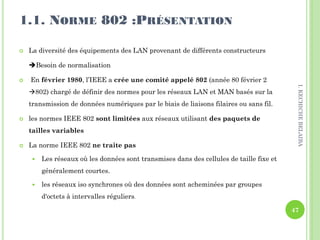 1.1. NORME 802 :PRÉSENTATION
 La diversité des équipements des LAN provenant de différents constructeurs
Besoin de normalisation
 En février 1980, l’IEEE a crée une comité appelé 802 (année 80 février 2
802) chargé de définir des normes pour les réseaux LAN et MAN basés sur la
transmission de données numériques par le biais de liaisons filaires ou sans fil.
 les normes IEEE 802 sont limitées aux réseaux utilisant des paquets de
tailles variables
 La norme IEEE 802 ne traite pas
 Les réseaux où les données sont transmises dans des cellules de taille fixe et
généralement courtes.
 les réseaux iso synchrones où des données sont acheminées par groupes
d'octets à intervalles réguliers.
47
I.KECHICHEBELAIBA
 