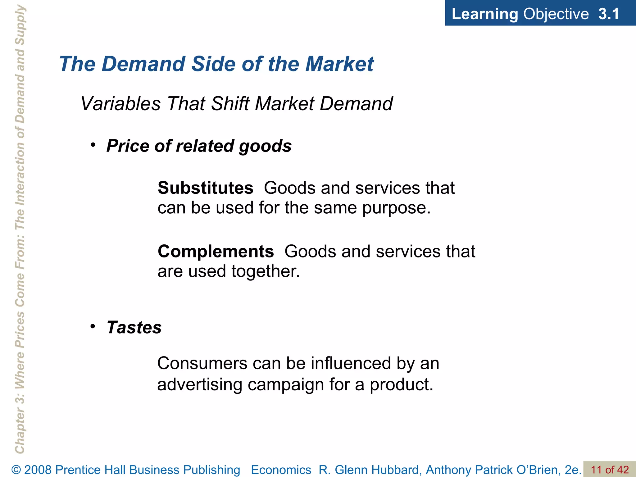 The Demand Side of the Market Substitutes   Goods and services that can be used for the same purpose. Complements   Goods and services that are used together. Learning  Objective  3.1 Variables That Shift Market Demand Price of related goods Consumers can be influenced by an advertising campaign for a product. Tastes 