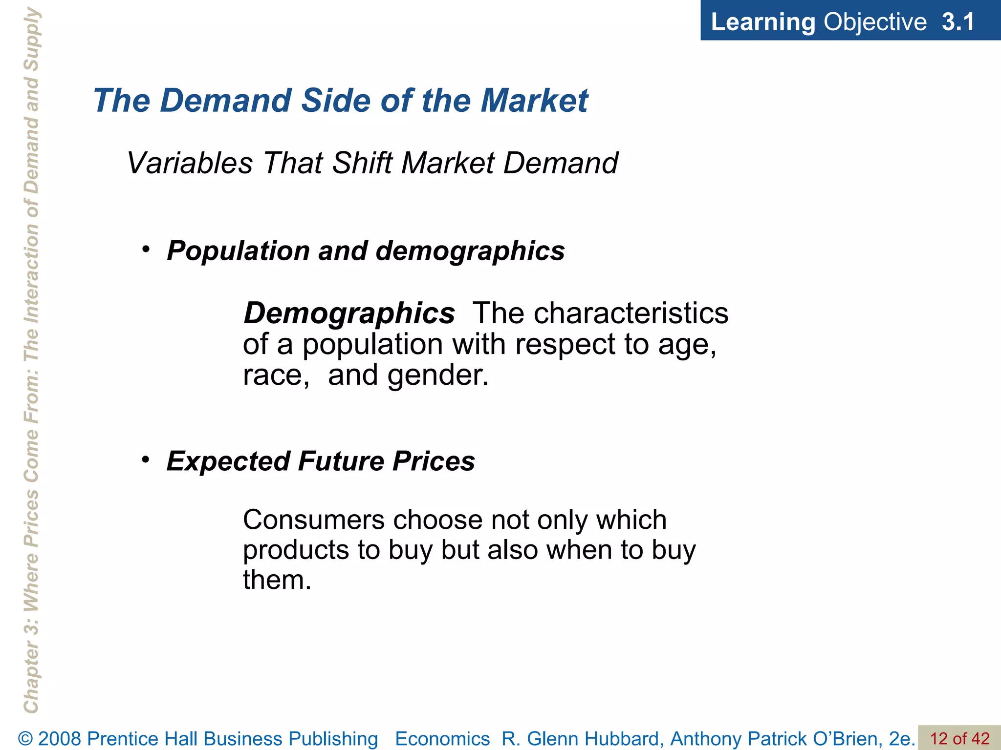 The Demand Side of the Market Demographics   The characteristics of a population with respect to age, race,  and gender. Learning  Objective  3.1 Population and demographics Expected Future Prices Consumers choose not only which products to buy but also when to buy them.  Variables That Shift Market Demand 