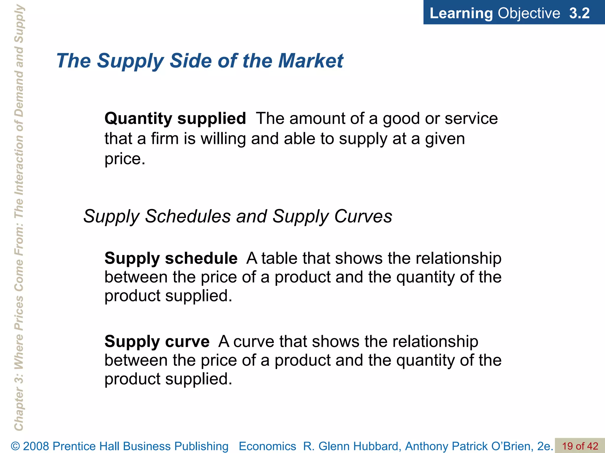 Supply schedule   A table that shows the relationship between the price of a product and the quantity of the product supplied. Supply curve   A curve that shows the relationship between the price of a product and the quantity of the product supplied. The Supply Side of the Market Learning  Objective  3.2 Supply Schedules and Supply Curves Quantity supplied   The amount of a good or service that a firm is willing and able to supply at a given price. 